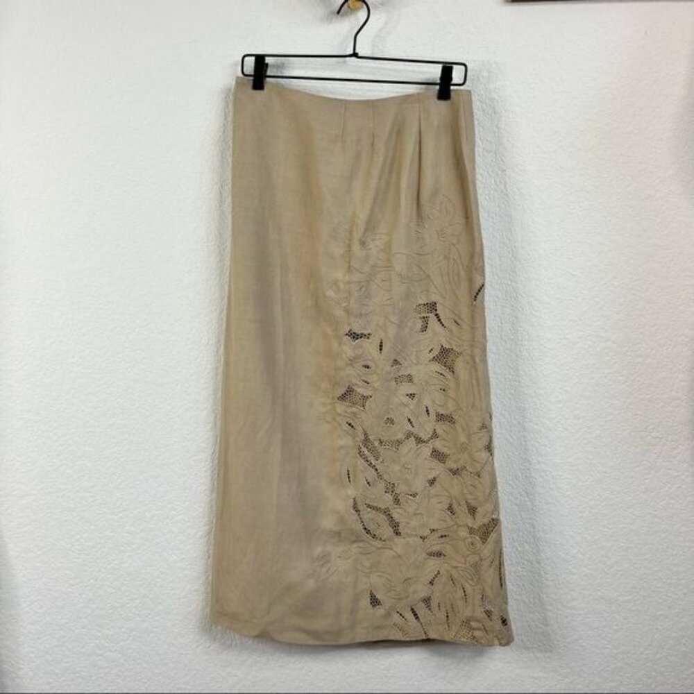 KENZO Linen Floral Cut Out Embroidered Midi Pencil Skirt